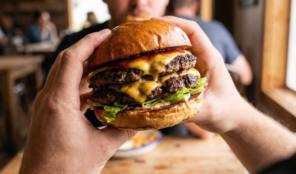Juicy burger holding on hand