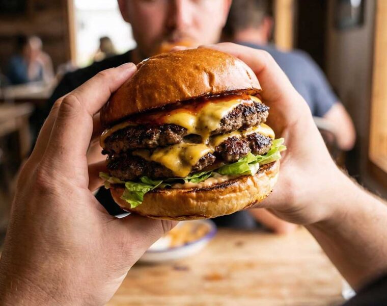 Juicy burger holding on hand